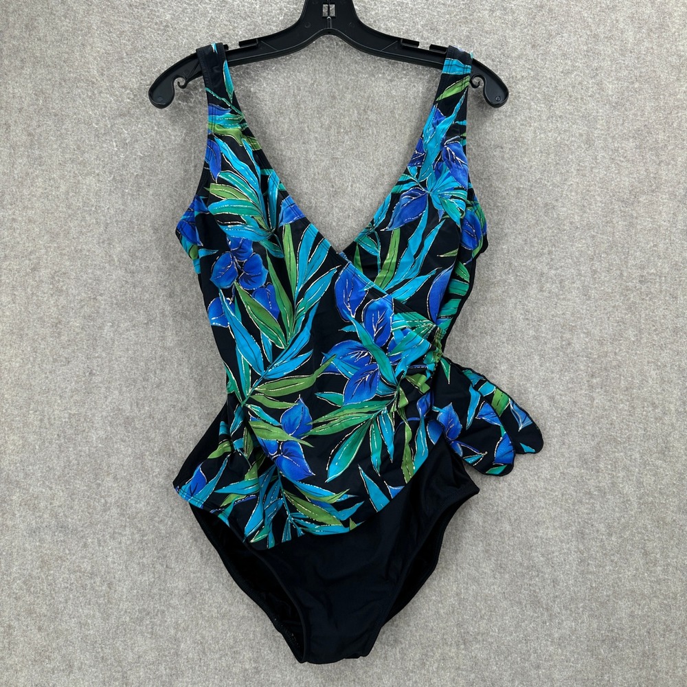 Longitude One Piece Swimsuit Womens 16 Black Blue Floral Gold Wrap Ruffle